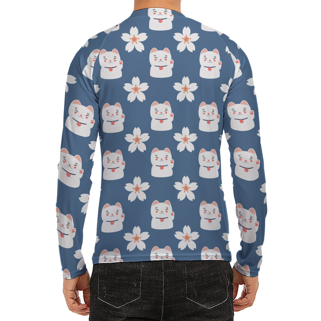 Japanese Lucky Cat And Sakura Print Men's Long Sleeve Rash Guard