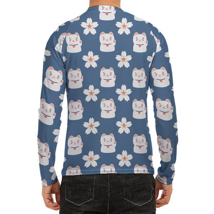 Japanese Lucky Cat And Sakura Print Men's Long Sleeve Rash Guard