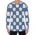 Japanese Lucky Cat And Sakura Print Men's Long Sleeve T-Shirt