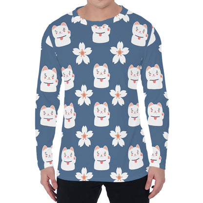 Japanese Lucky Cat And Sakura Print Men's Long Sleeve T-Shirt