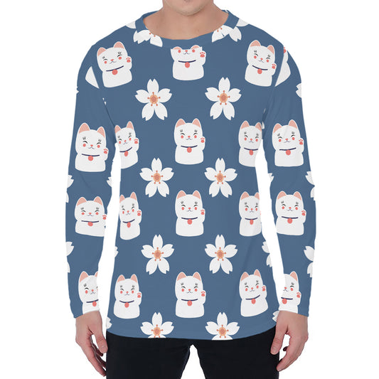 Japanese Lucky Cat And Sakura Print Men's Long Sleeve T-Shirt