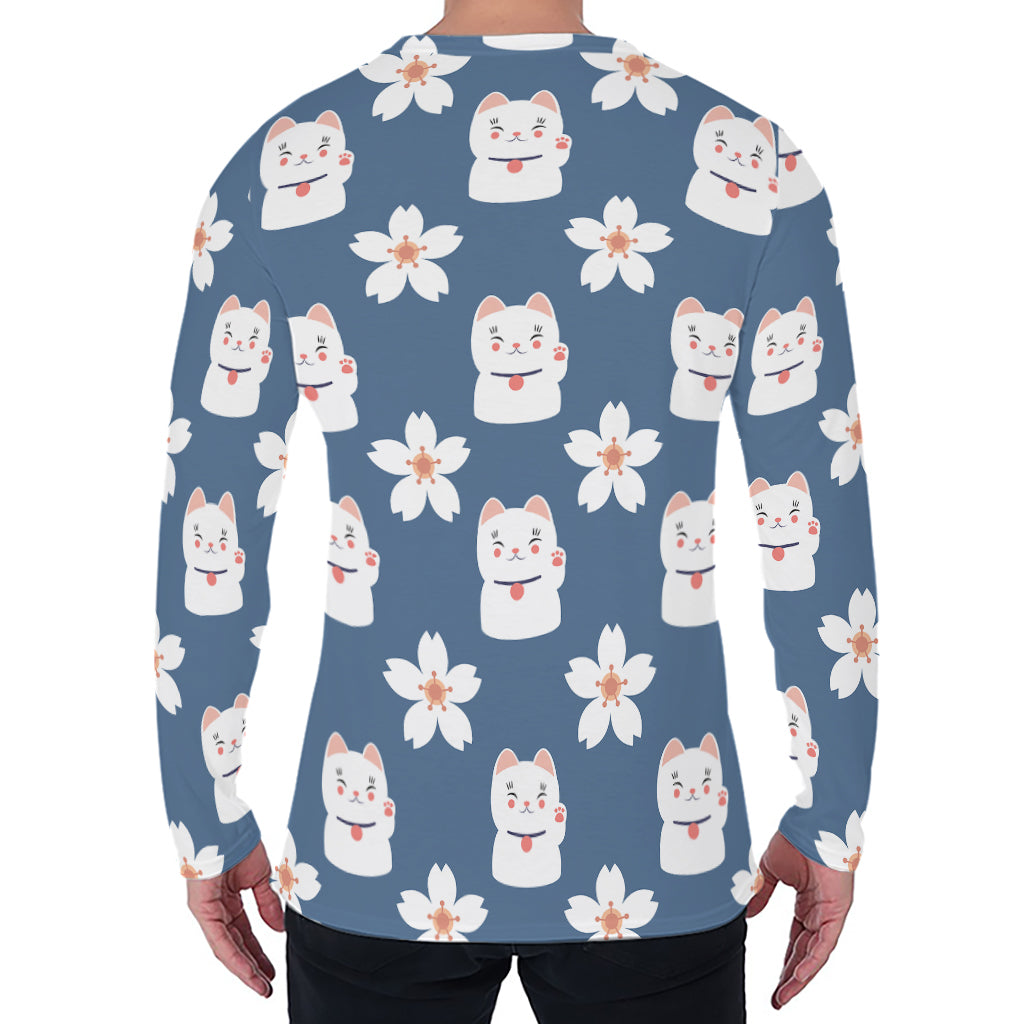 Japanese Lucky Cat And Sakura Print Men's Long Sleeve T-Shirt