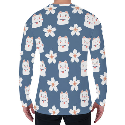 Japanese Lucky Cat And Sakura Print Men's Long Sleeve T-Shirt