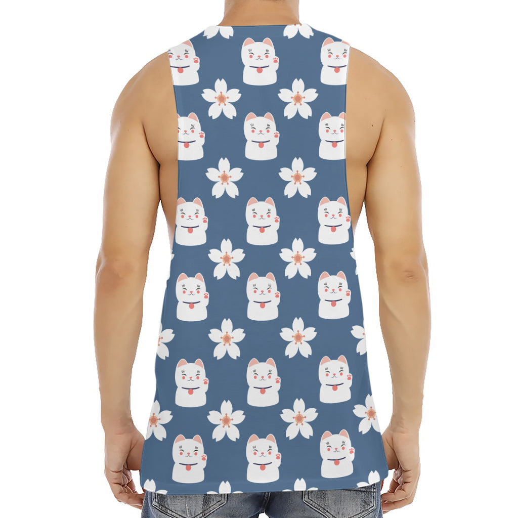 Japanese Lucky Cat And Sakura Print Men's Muscle Tank Top