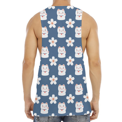 Japanese Lucky Cat And Sakura Print Men's Muscle Tank Top