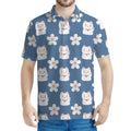 Japanese Lucky Cat And Sakura Print Men's Polo Shirt