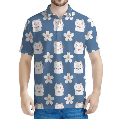 Japanese Lucky Cat And Sakura Print Men's Polo Shirt