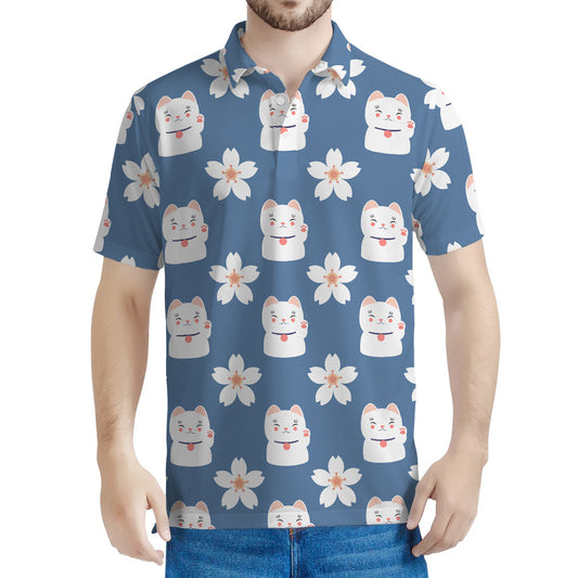 Japanese Lucky Cat And Sakura Print Men's Polo Shirt