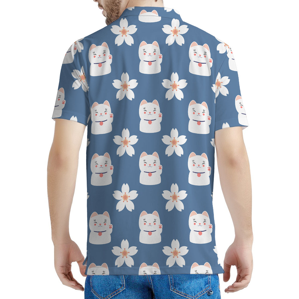 Japanese Lucky Cat And Sakura Print Men's Polo Shirt