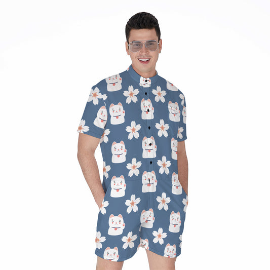 Japanese Lucky Cat And Sakura Print Men's Rompers