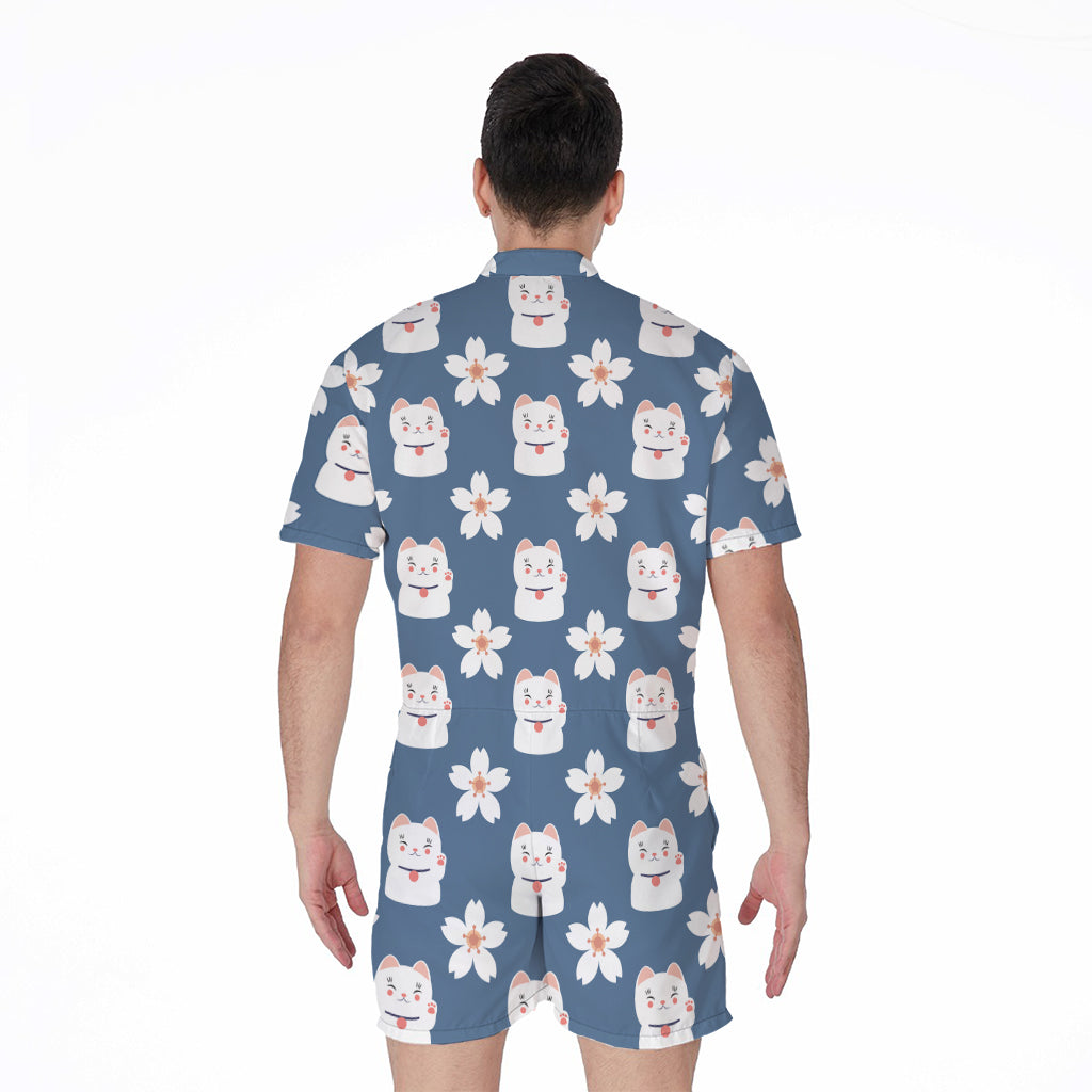 Japanese Lucky Cat And Sakura Print Men's Rompers