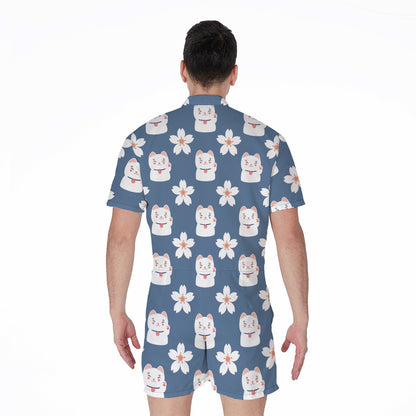 Japanese Lucky Cat And Sakura Print Men's Rompers