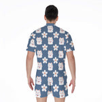 Japanese Lucky Cat And Sakura Print Men's Rompers
