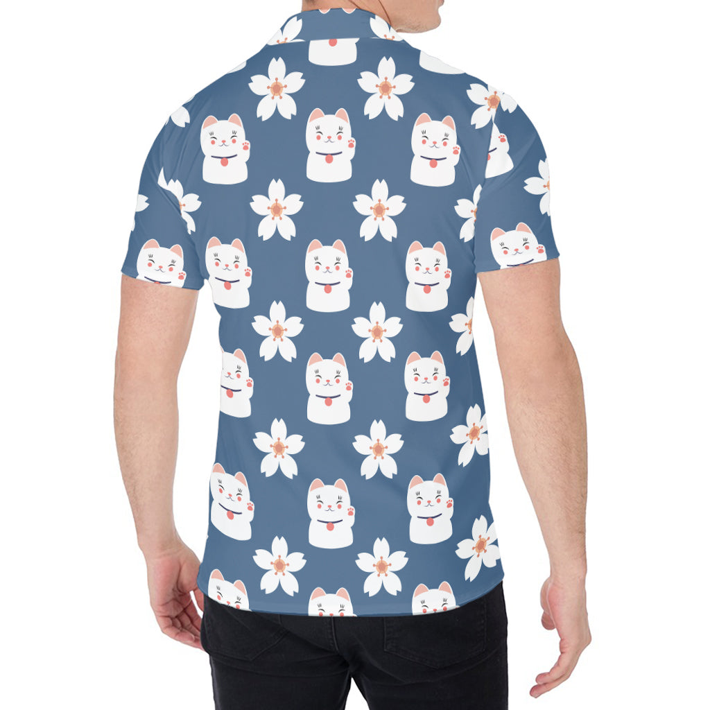 Japanese Lucky Cat And Sakura Print Men's Shirt