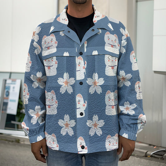 Japanese Lucky Cat And Sakura Print Men's Shirt Jacket