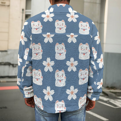 Japanese Lucky Cat And Sakura Print Men's Shirt Jacket
