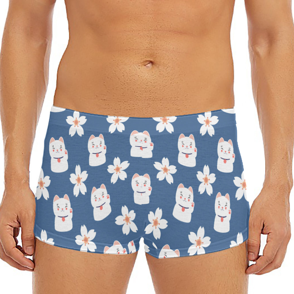 Japanese Lucky Cat And Sakura Print Men's Short Boxer Briefs