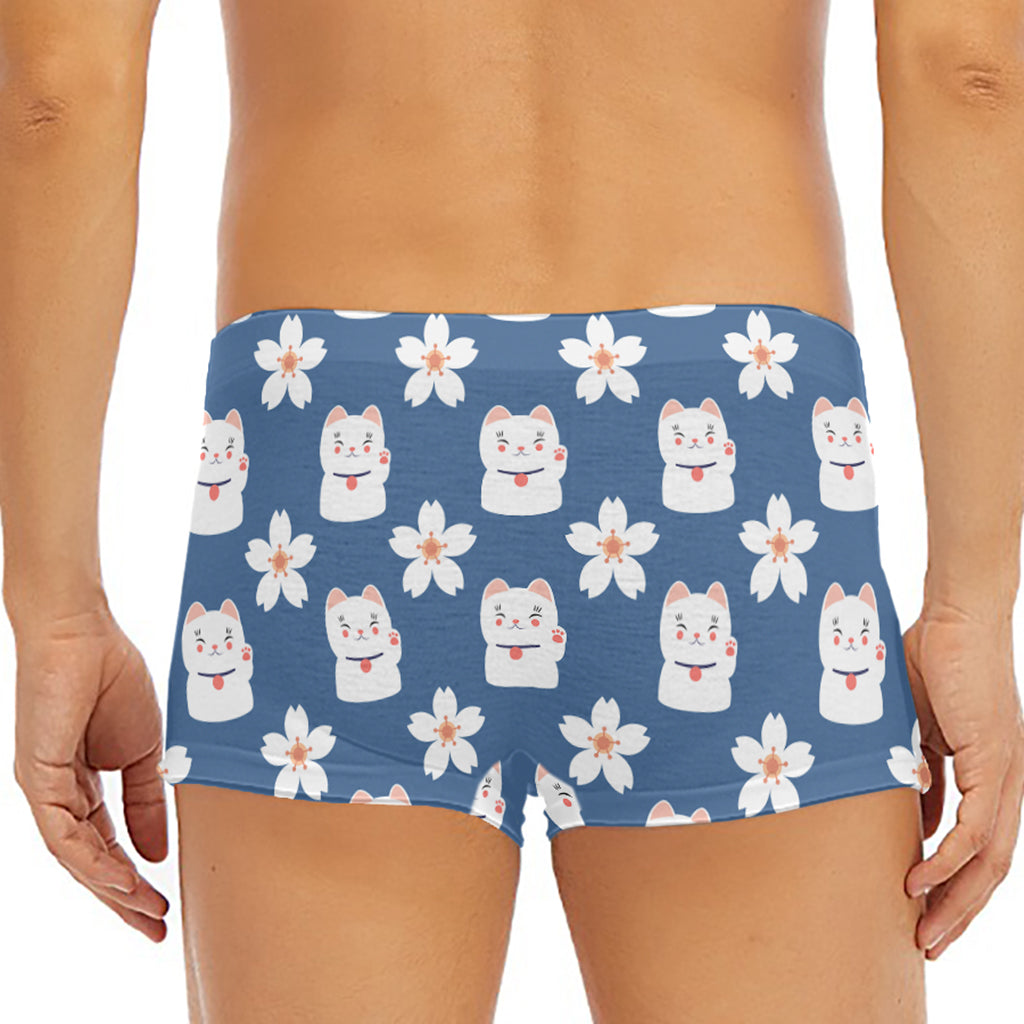 Japanese Lucky Cat And Sakura Print Men's Short Boxer Briefs