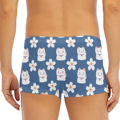 Japanese Lucky Cat And Sakura Print Men's Short Boxer Briefs
