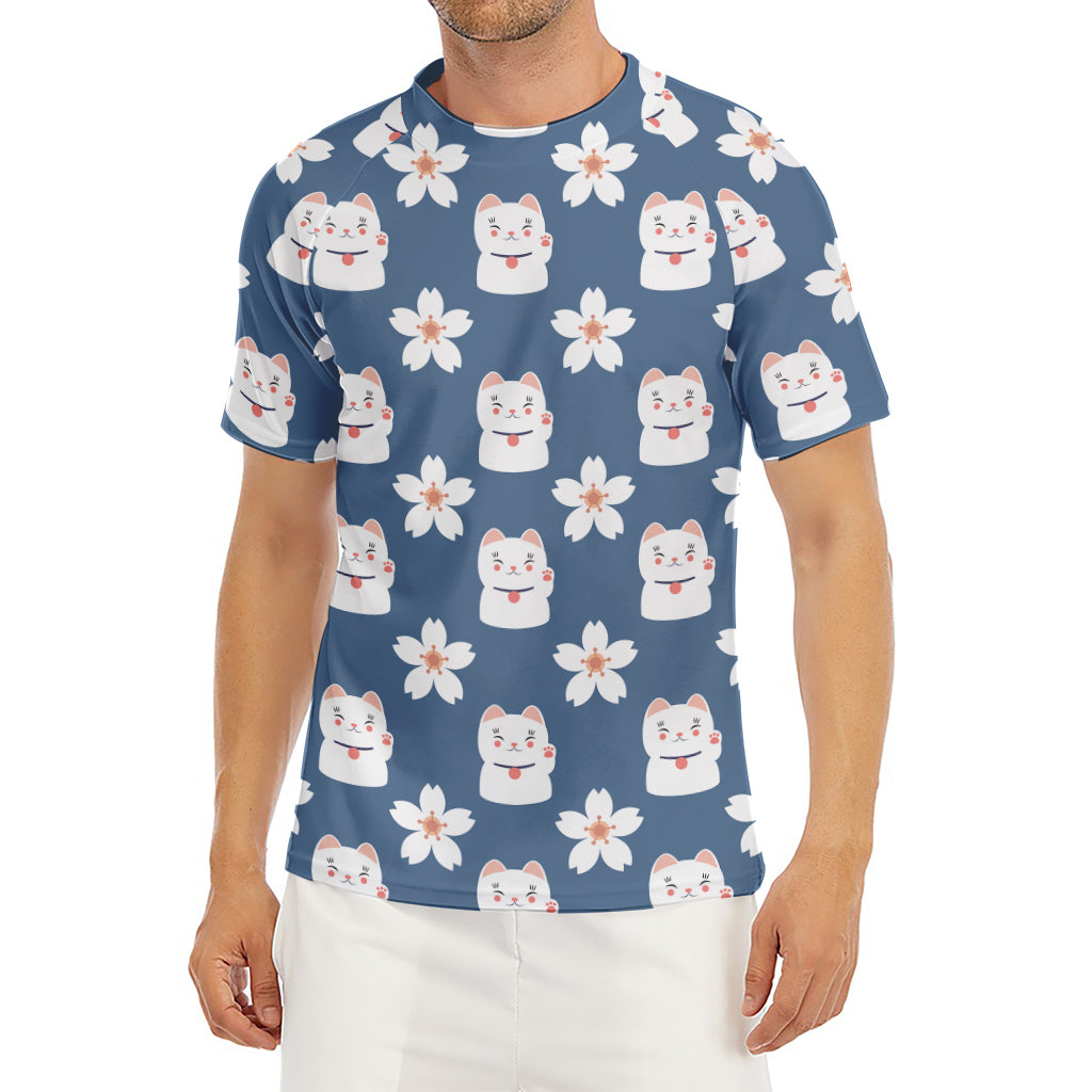 Japanese Lucky Cat And Sakura Print Men's Short Sleeve Rash Guard