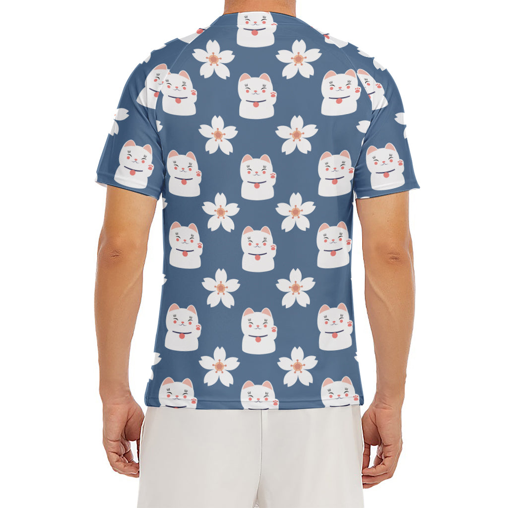 Japanese Lucky Cat And Sakura Print Men's Short Sleeve Rash Guard