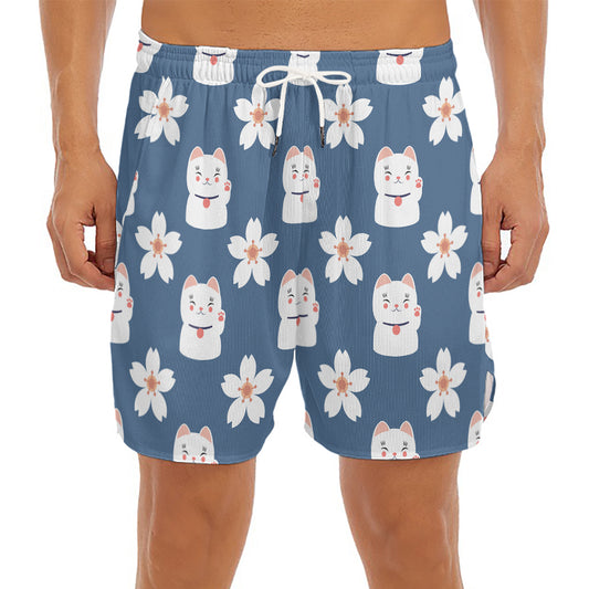 Japanese Lucky Cat And Sakura Print Men's Split Running Shorts