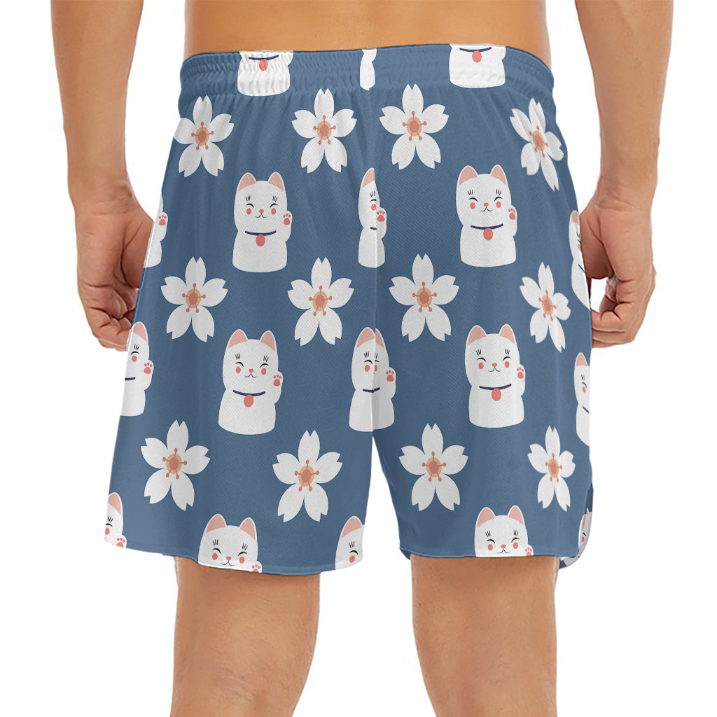 Japanese Lucky Cat And Sakura Print Men's Split Running Shorts