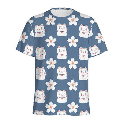 Japanese Lucky Cat And Sakura Print Men's Sports T-Shirt