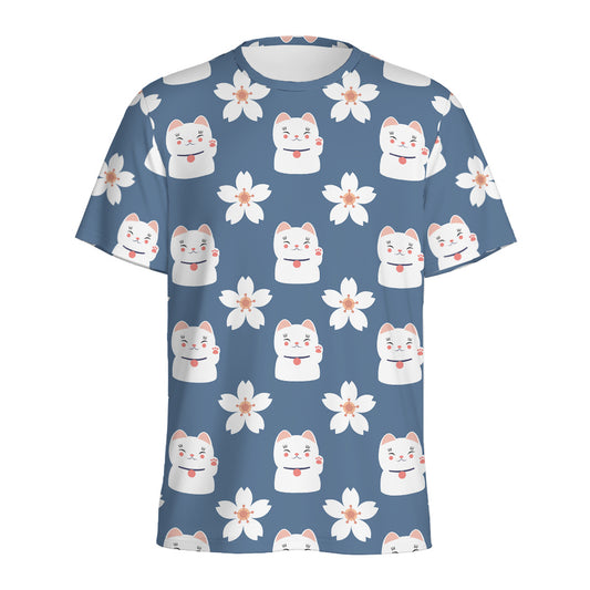 Japanese Lucky Cat And Sakura Print Men's Sports T-Shirt