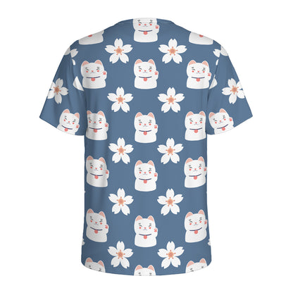 Japanese Lucky Cat And Sakura Print Men's Sports T-Shirt