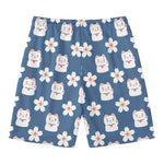 Japanese Lucky Cat And Sakura Print Men's Swim Trunks