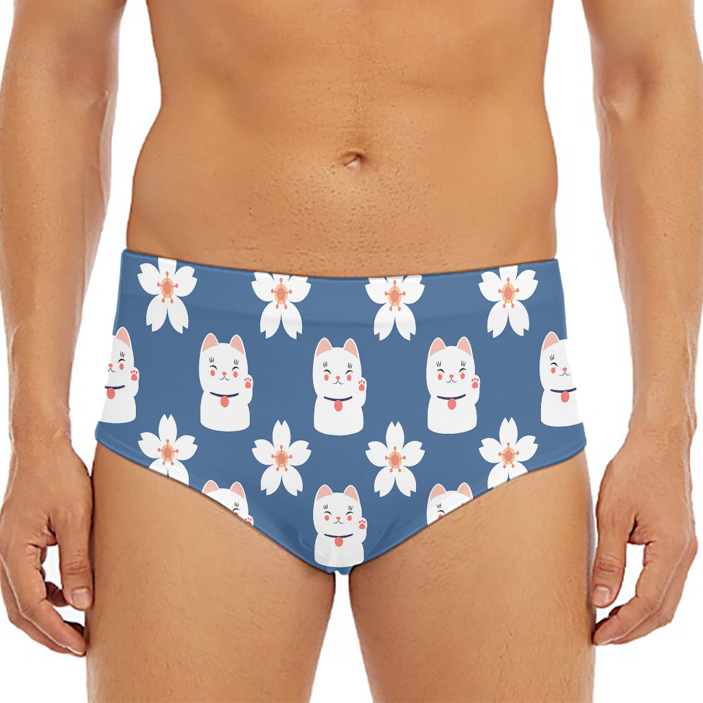 Japanese Lucky Cat And Sakura Print Men's Triangle Swim Briefs