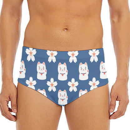 Japanese Lucky Cat And Sakura Print Men's Triangle Swim Briefs