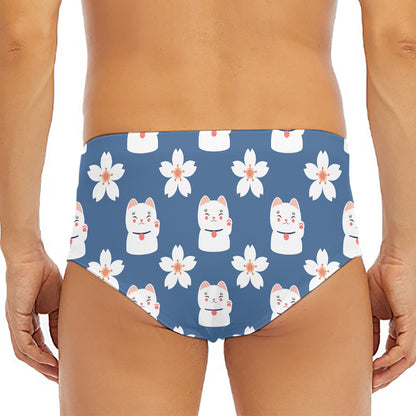 Japanese Lucky Cat And Sakura Print Men's Triangle Swim Briefs