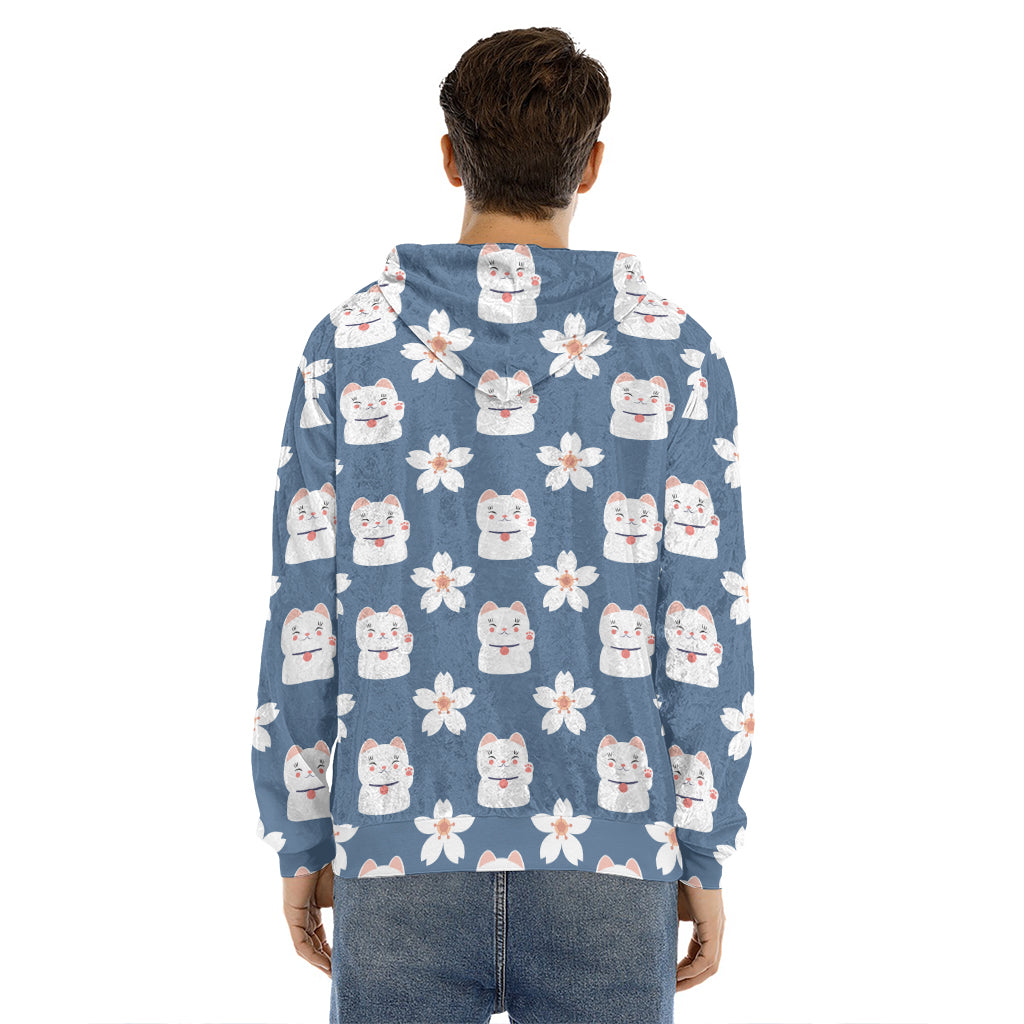 Japanese Lucky Cat And Sakura Print Men's Velvet Pullover Hoodie