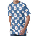 Japanese Lucky Cat And Sakura Print Men's Velvet T-Shirt