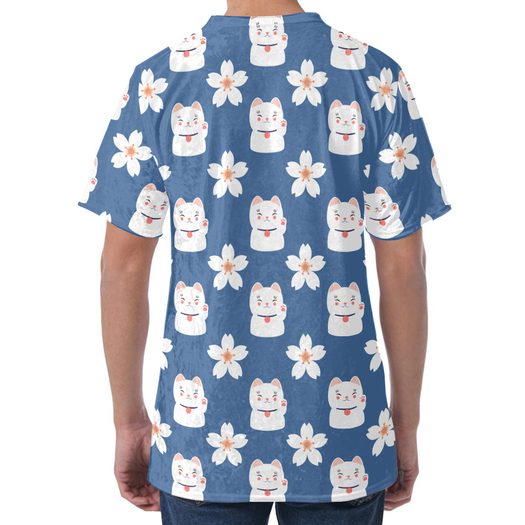 Japanese Lucky Cat And Sakura Print Men's Velvet T-Shirt