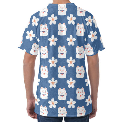 Japanese Lucky Cat And Sakura Print Men's Velvet T-Shirt