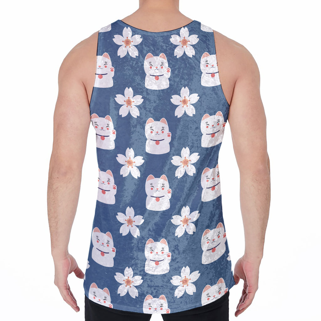 Japanese Lucky Cat And Sakura Print Men's Velvet Tank Top