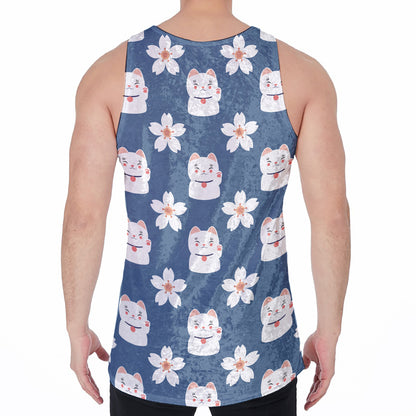 Japanese Lucky Cat And Sakura Print Men's Velvet Tank Top