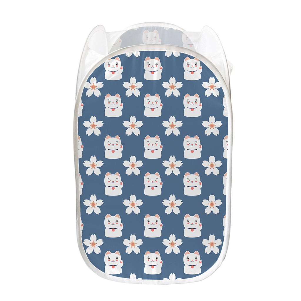 Japanese Lucky Cat And Sakura Print Mesh Laundry Hamper