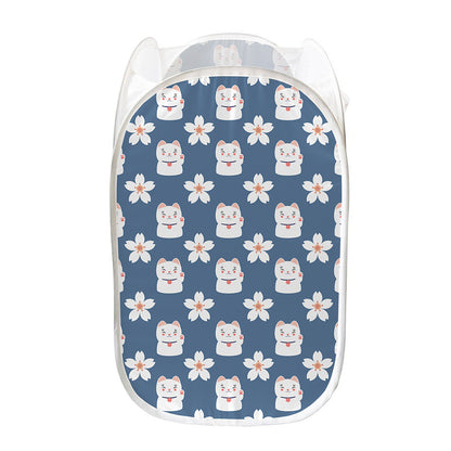 Japanese Lucky Cat And Sakura Print Mesh Laundry Hamper