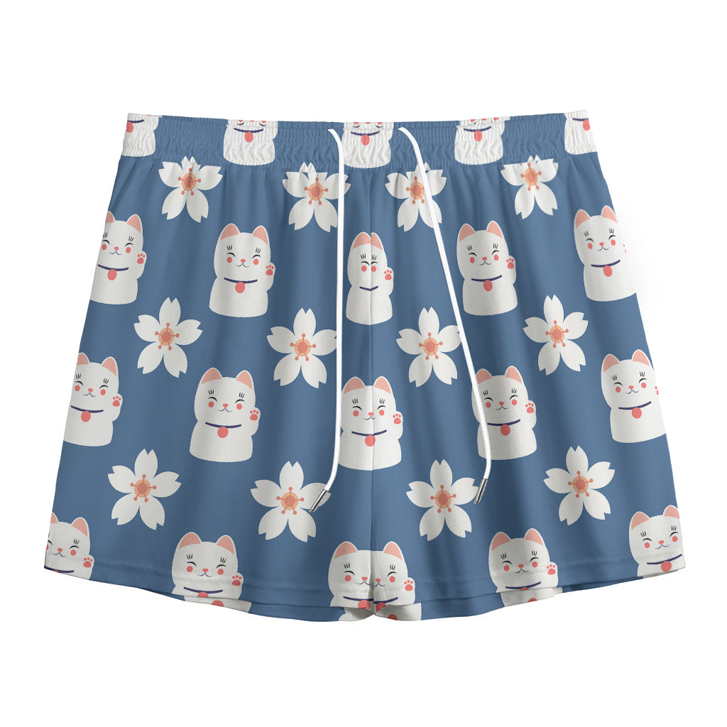 Japanese Lucky Cat And Sakura Print Mesh Shorts