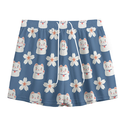 Japanese Lucky Cat And Sakura Print Mesh Shorts