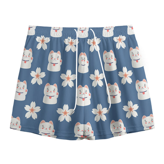 Japanese Lucky Cat And Sakura Print Mesh Shorts