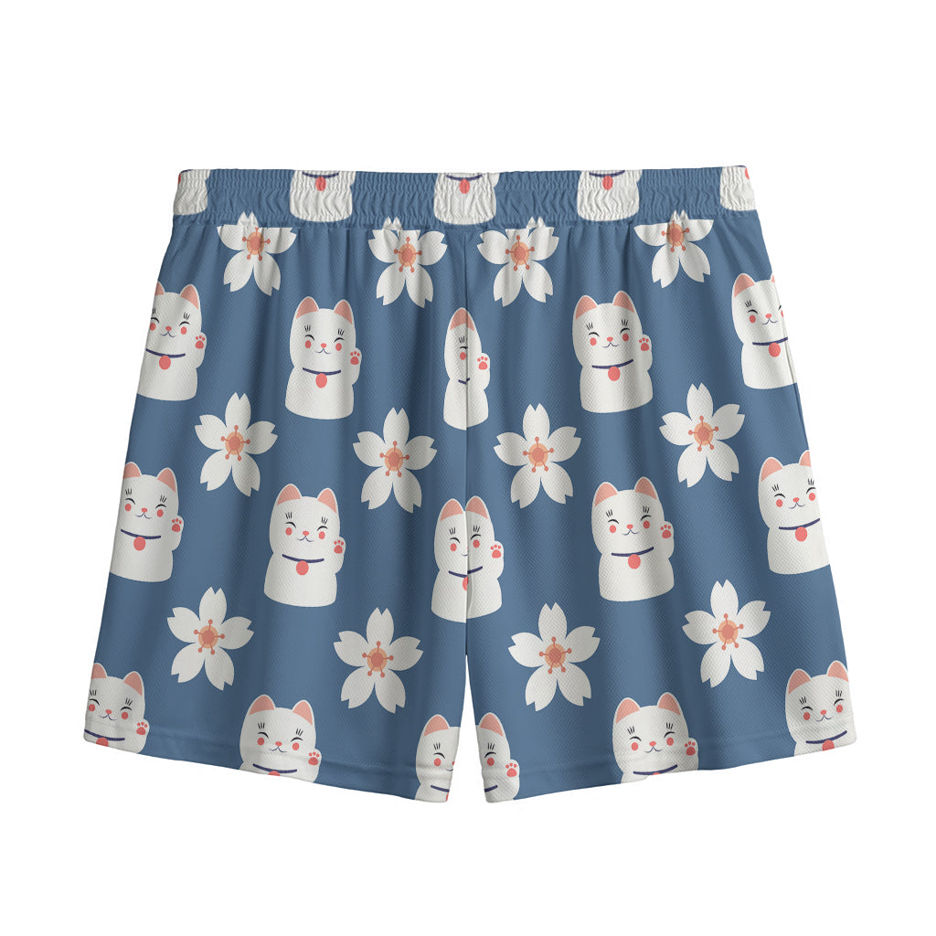 Japanese Lucky Cat And Sakura Print Mesh Shorts
