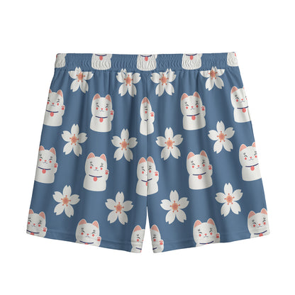 Japanese Lucky Cat And Sakura Print Mesh Shorts