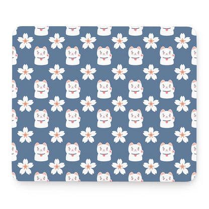 Japanese Lucky Cat And Sakura Print Mouse Pad
