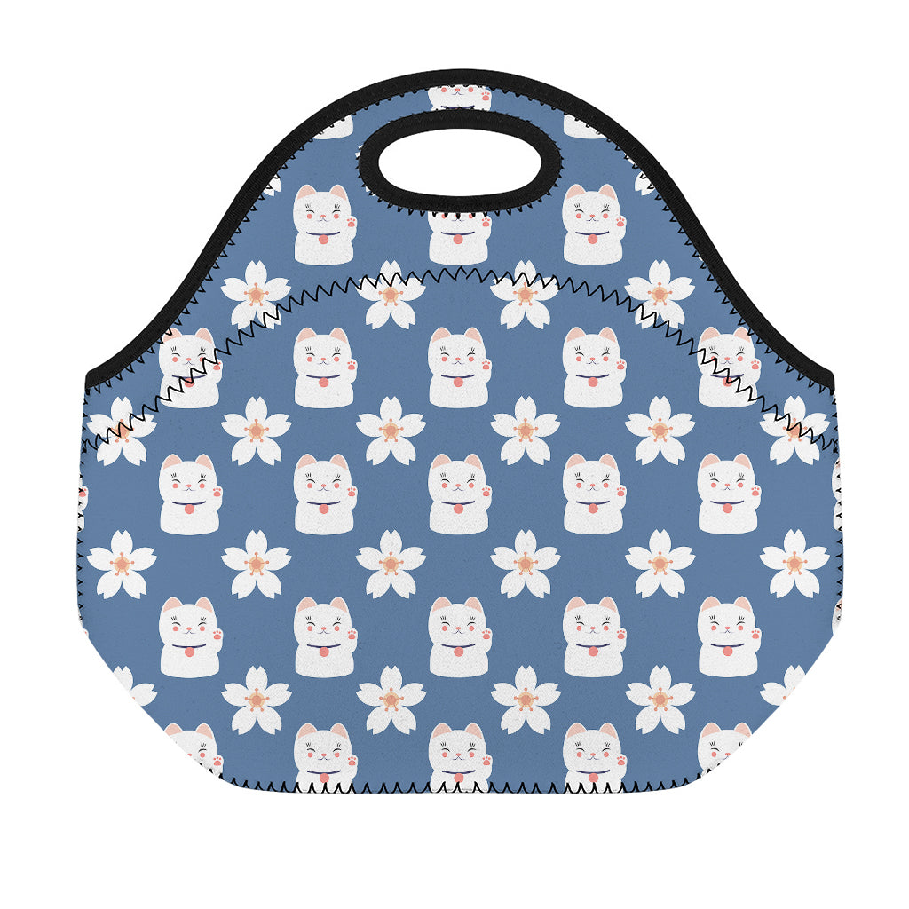 Japanese Lucky Cat And Sakura Print Neoprene Lunch Bag