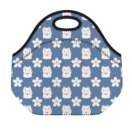 Japanese Lucky Cat And Sakura Print Neoprene Lunch Bag